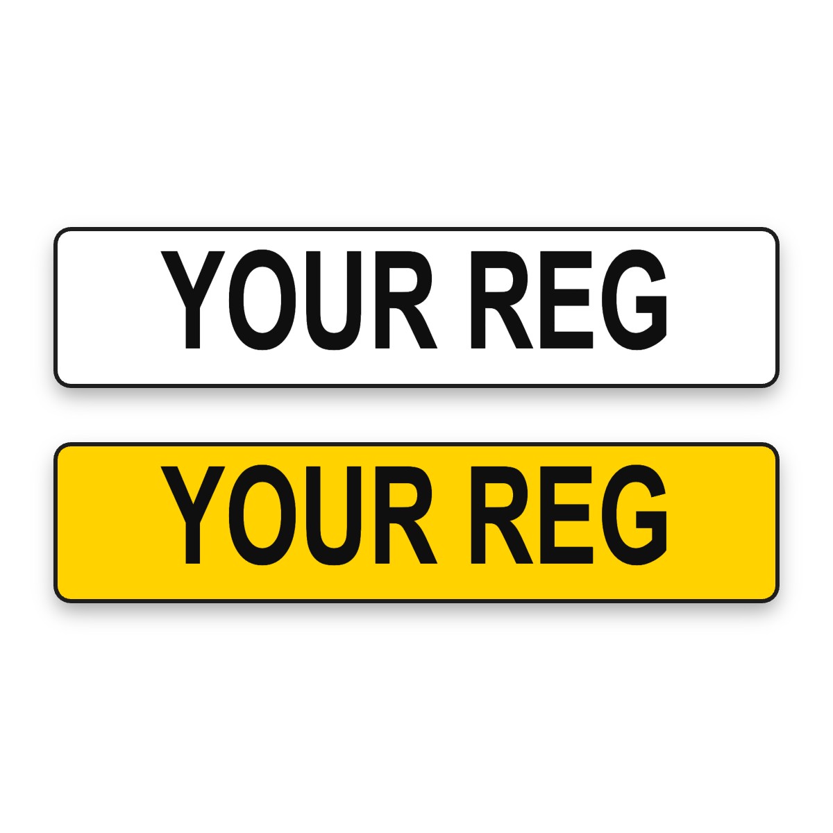Pair of road legal number plates, white front and yellow rear
